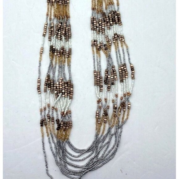 Long Metallic Beaded Necklace Multi Strand 30" Silver White and Copper Tone Bead - Picture 3 of 3